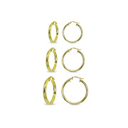 3-Pair Yellow Gold Flashed Sterling Silver Polished 3mm Half Round Click-Top Small Hoop Earrings Set, 15mm, 20mm or 25mm