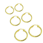 3-Pair Yellow Gold Flashed Sterling Silver Polished 3mm Half Round Click-Top Small Hoop Earrings Set, 15mm, 20mm or 25mm