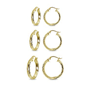 3-Pair Yellow Gold Flashed Sterling Silver 3mm Diamond-Cut Round Click-Top Small Hoop Earrings Set, 15mm, 20mm or 25mm