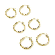 3-Pair Yellow Gold Flashed Sterling Silver 3mm Diamond-Cut Round Click-Top Small Hoop Earrings Set, 15mm, 20mm or 25mm