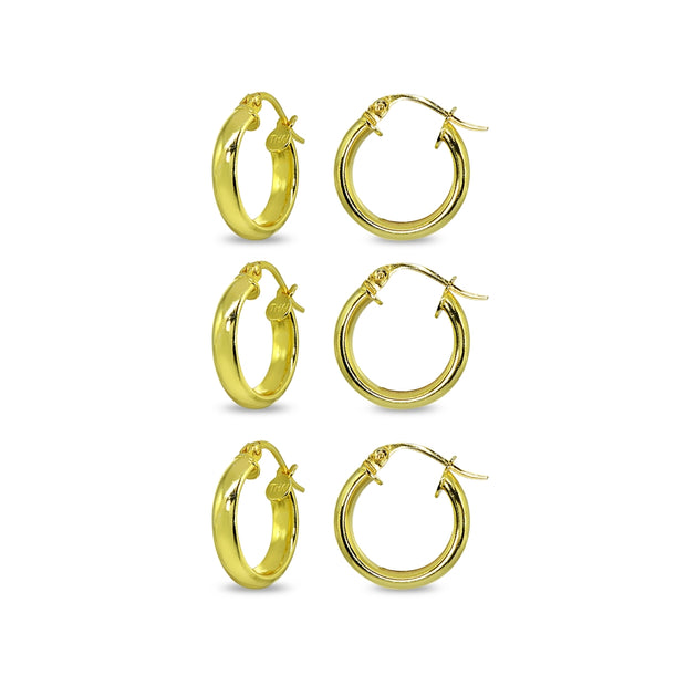 3-Pair Yellow Gold Flashed Sterling Silver Polished 3x15mm Half Round Click-Top Small Hoop Earrings Set