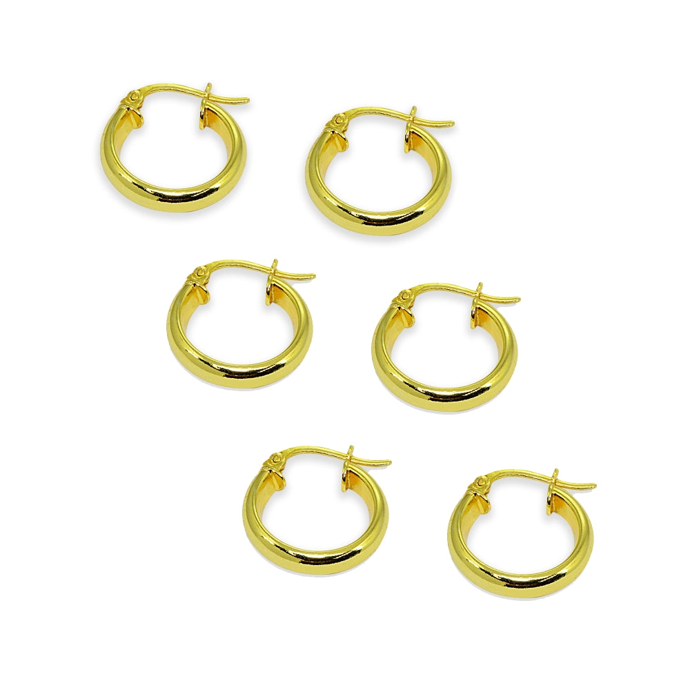 3-Pair Yellow Gold Flashed Sterling Silver Polished 3x15mm Half Round Click-Top Small Hoop Earrings Set-2