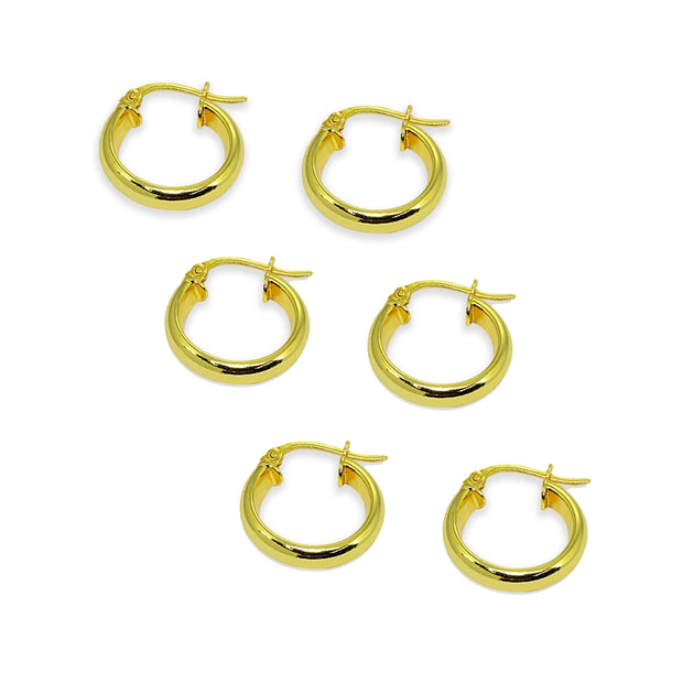 3-Pair Yellow Gold Flashed Sterling Silver Polished 3x15mm Half Round Click-Top Small Hoop Earrings Set