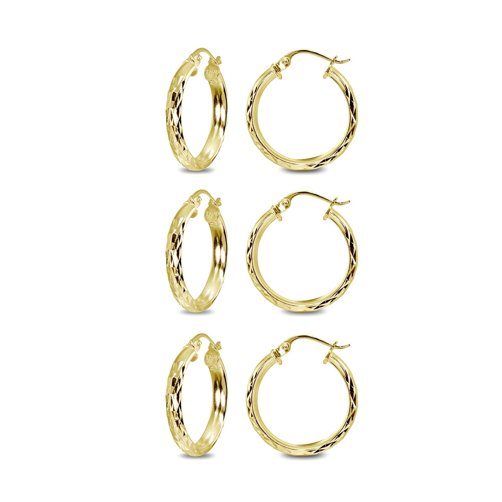 3-Pair Yellow Gold Flashed Sterling Silver 3x15mm Diamond-Cut Round Dainty Click-Top Small Hoop Earrings Set