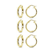 3-Pair Yellow Gold Flashed Sterling Silver 3x15mm Diamond-Cut Round Dainty Click-Top Small Hoop Earrings Set
