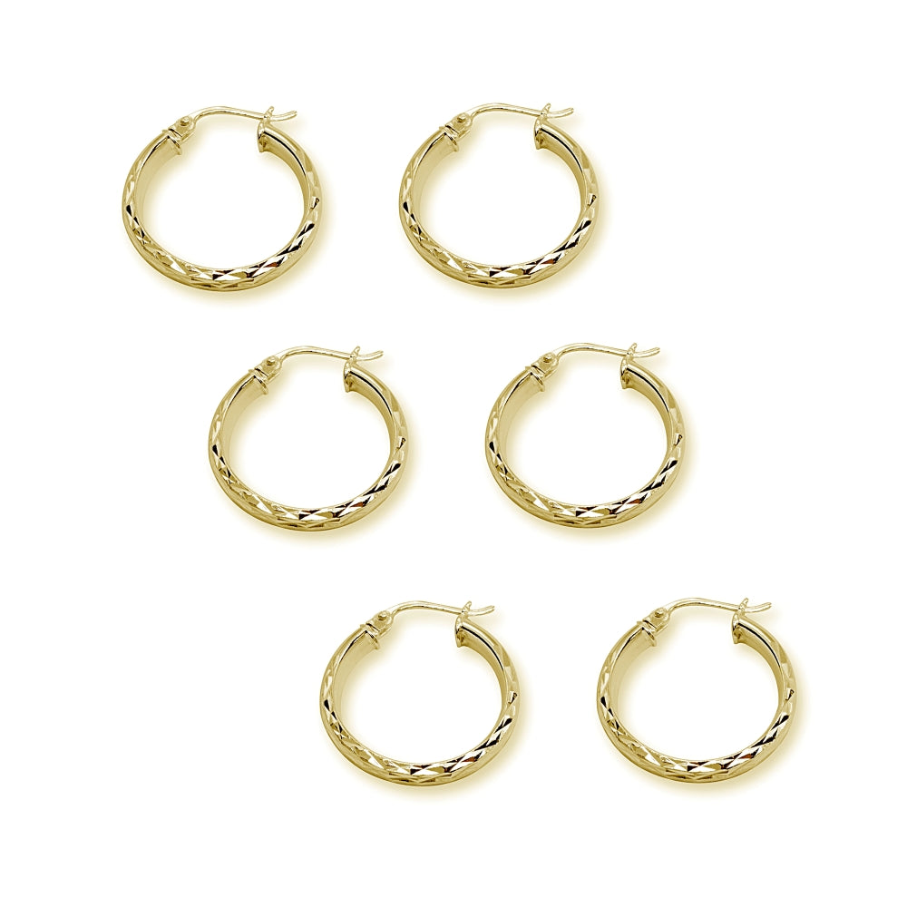 3-Pair Yellow Gold Flashed Sterling Silver 3x15mm Diamond-Cut Round Dainty Click-Top Small Hoop Earrings Set-2