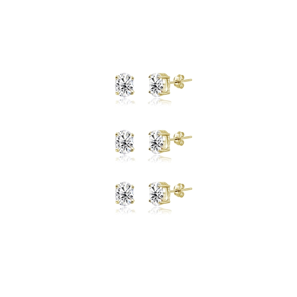 3-Pair Set Yellow Gold Flashed Sterling Silver Cubic Zirconia 5x3mm Oval Stud Earrings