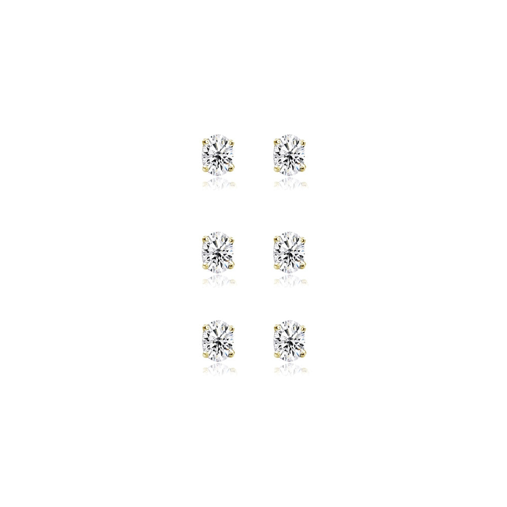 3-Pair Set Yellow Gold Flashed Sterling Silver Cubic Zirconia 5x3mm Oval Stud Earrings-2