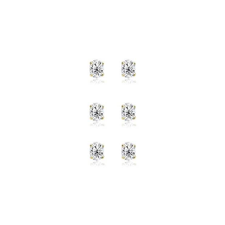 3-Pair Set Yellow Gold Flashed Sterling Silver Cubic Zirconia 5x3mm Oval Stud Earrings