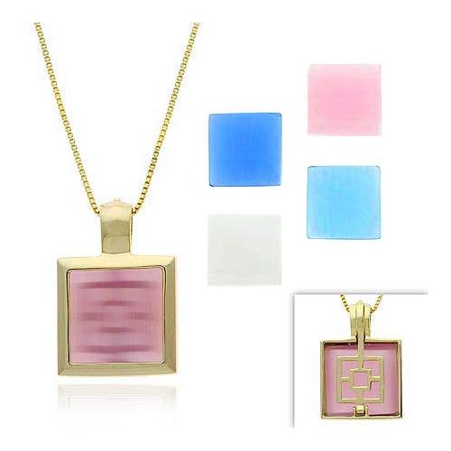 18K Gold over Sterling Silver Multi Color Cats Eye 5-Stone Interchangeable Square Pendant Set