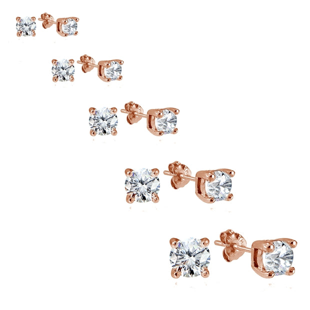 Rose Gold Flashed Sterling Silver Cubic Zirconia Set of 5 Round Stud Earrings