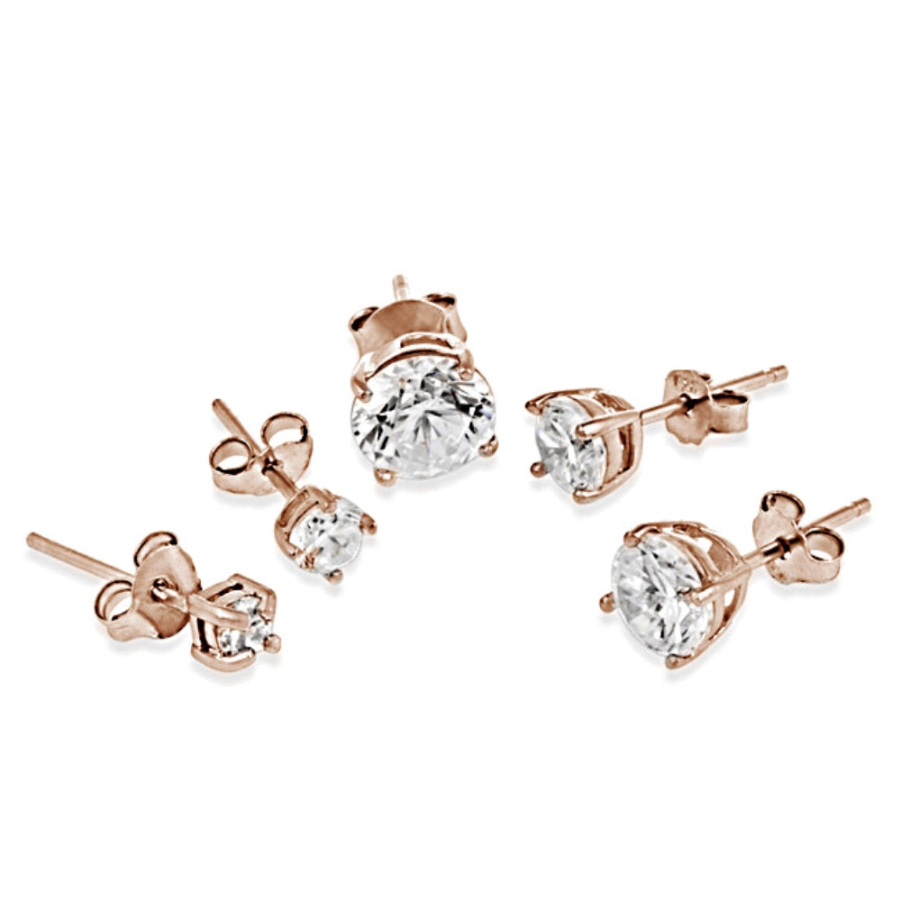 Rose Gold Flashed Sterling Silver Cubic Zirconia Set of 5 Round Stud Earrings-2