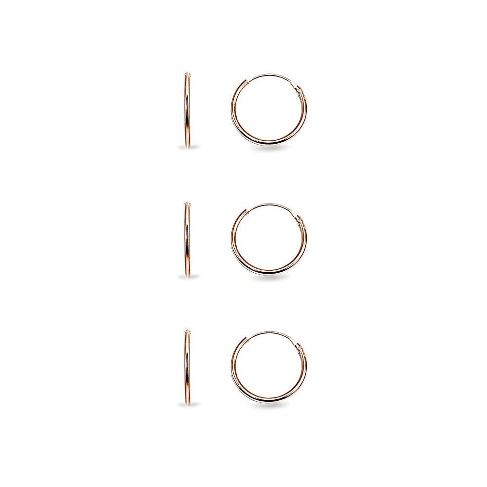 Rose Gold Tone over Sterling Silver Set of Three Endless Hoop Earrings, 10mm