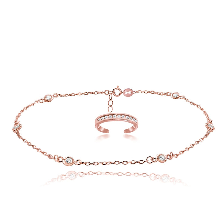 Rose Gold Tone over Sterling Silver Cubic Zirconia Anklet and Toe Ring Set