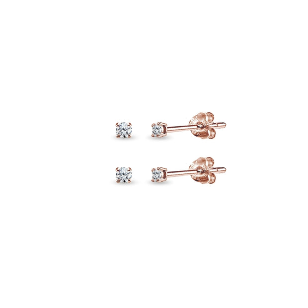 Rose Gold Flashed Sterling Silver Cubic Zirconia Set of 2 Round 2mm Stud Earrings