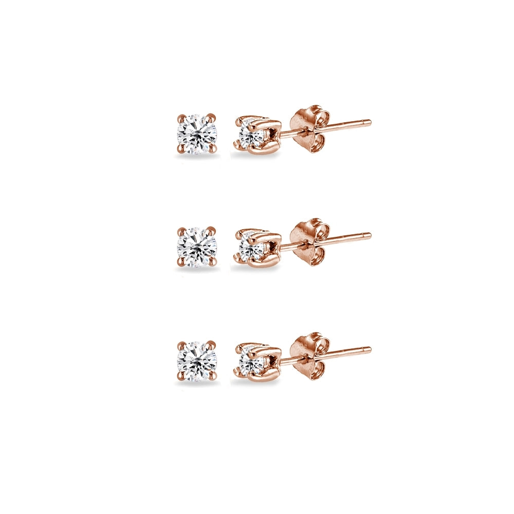 Rose Gold Flashed Sterling Silver Cubic Zirconia set of 3 Round 2mm Stud Earrings