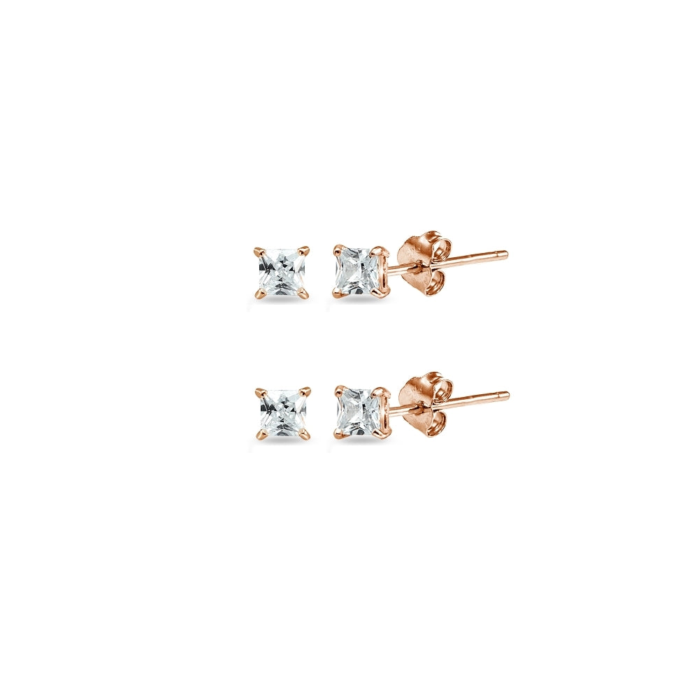 Rose Gold Flashed Sterling Silver Cubic Zirconia Set of 2 Princess-Cut Square 2mm Stud Earrings