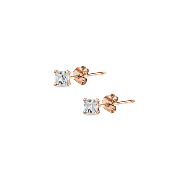 Rose Gold Flashed Sterling Silver Cubic Zirconia Set of 2 Princess-Cut Square 2mm Stud Earrings