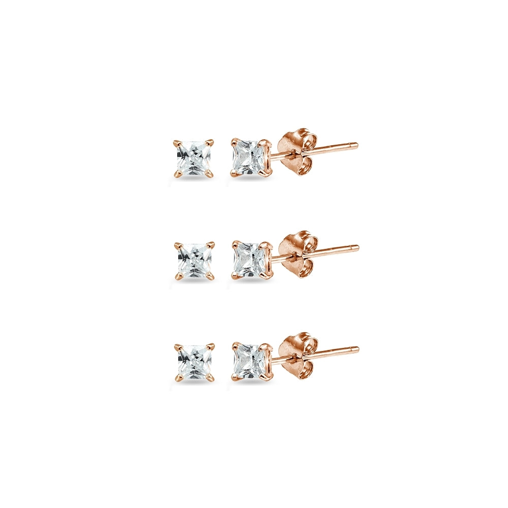 Rose Gold Flashed Sterling Silver Cubic Zirconia set of 3 Princess-Cut Square 2mm Stud Earrings