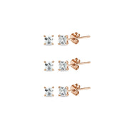 Rose Gold Flashed Sterling Silver Cubic Zirconia set of 3 Princess-Cut Square 2mm Stud Earrings
