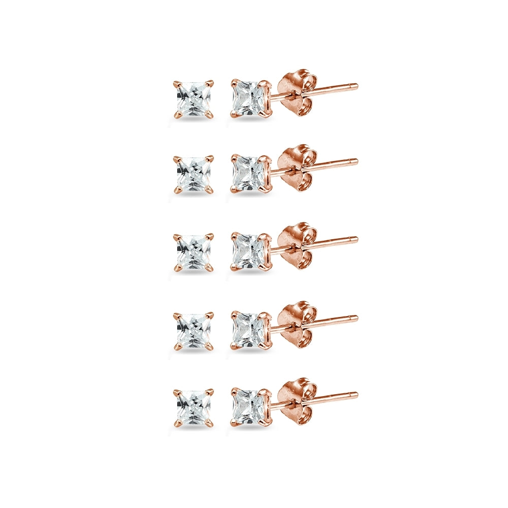 Rose Gold Flashed Sterling Silver Cubic Zirconia set of 5 Princess-Cut Square 2mm Stud Earrings