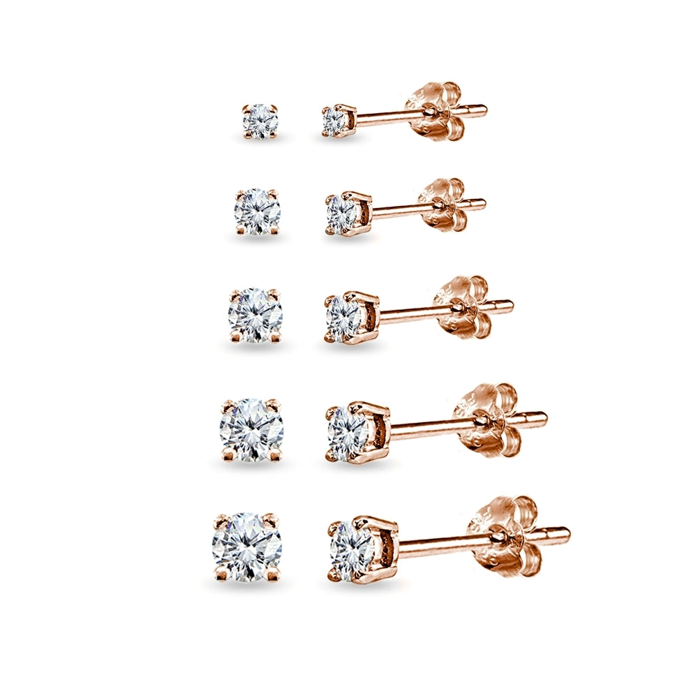 5 Pair Set Rose Gold Flashed Sterling Silver Cubic Zirconia Round Stud Earrings, 2mm 3mm 4mm 5mm 6mm
