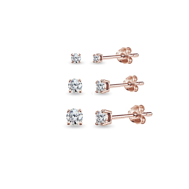 3 Pair Set Rose Gold Flashed Sterling Silver Cubic Zirconia Round Stud Earrings, 2mm 3mm 4mm