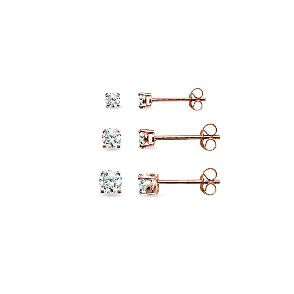 3 Pair Set Rose Gold Flashed Sterling Silver Cubic Zirconia Round Stud Earrings, 2mm 3mm 4mm-4