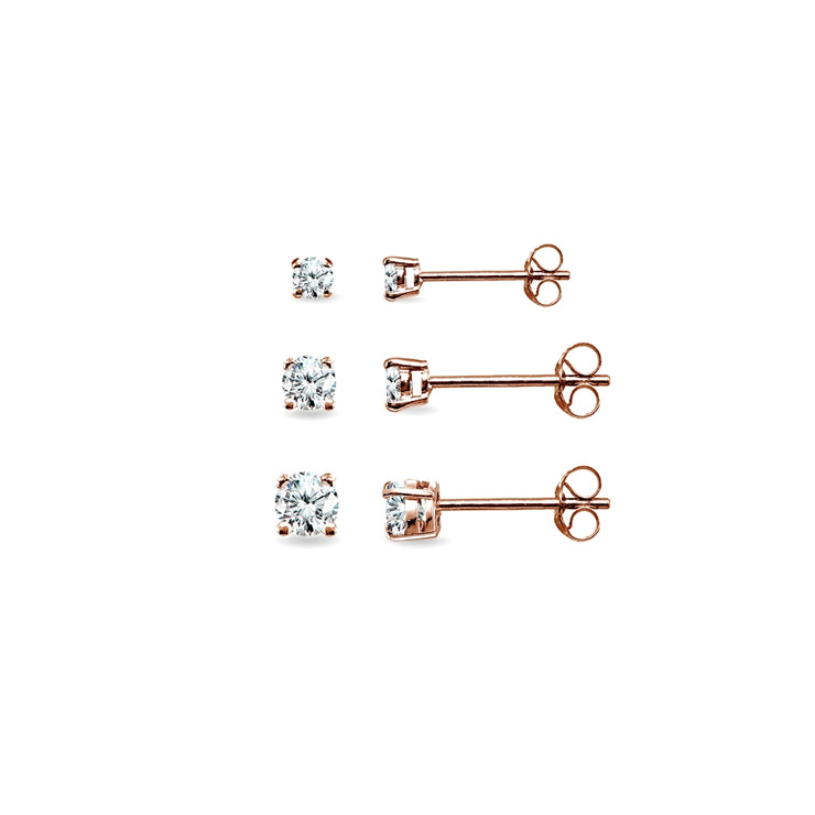3 Pair Set Rose Gold Flashed Sterling Silver Cubic Zirconia Round Stud Earrings, 2mm 3mm 4mm