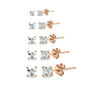 5 Pair Set Rose Gold Flashed Sterling Silver Cubic Zirconia Princess-Cut Square Stud Earrings, 2mm 3mm 4mm 5mm 6mm