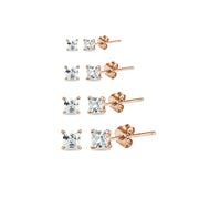4 Pair Set Rose Gold Flashed Sterling Silver Cubic Zirconia Princess-Cut Square Stud Earrings, 2mm 3mm 4mm 5mm