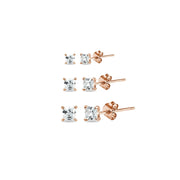 3 Pair Set Rose Gold Flashed Sterling Silver Cubic Zirconia Princess-Cut Square Stud Earrings, 2mm 3mm 4mm