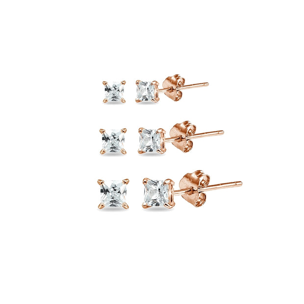 3 Pair Set Rose Gold Flashed Sterling Silver Cubic Zirconia Princess-Cut Square Stud Earrings, 3mm 4mm 5mm