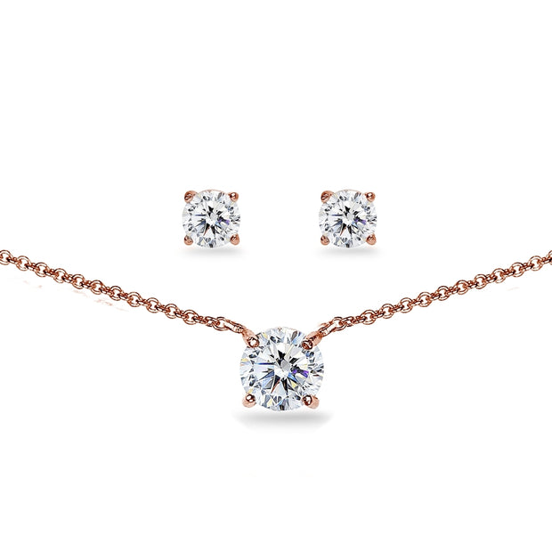 Rose Gold Flashed Sterling Silver Cubic Zirconia Round Solitaire Choker Necklace and Stud Earrings Set