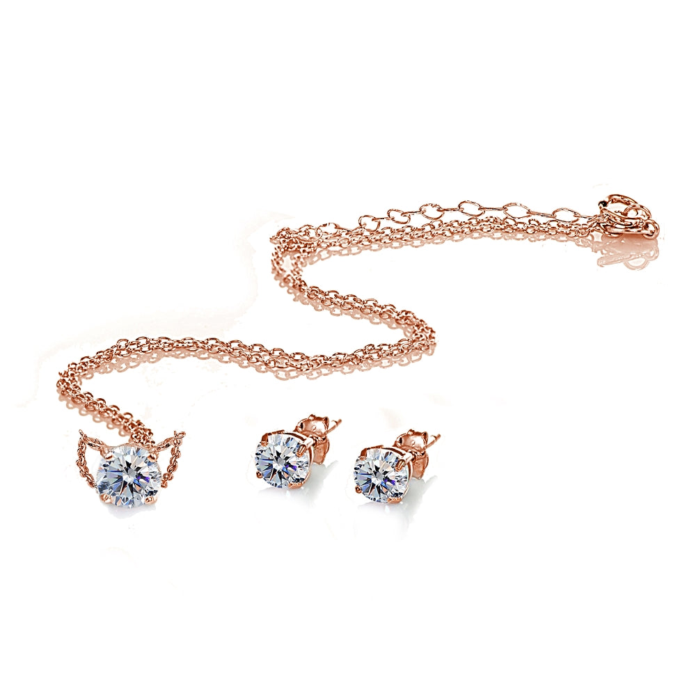 Rose Gold Flashed Sterling Silver Cubic Zirconia Round Solitaire Choker Necklace and Stud Earrings Set-2