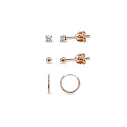 3 Pairs Rose Gold Flash Sterling Silver Lightweight Unisex 10mm Mini Small Continuous Endless Hoops, Tiny Round 2mm CZ & Ball Bead Stud Earrings Set
