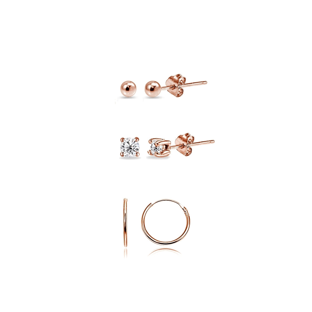 3 Pairs Rose Gold Flash Sterling Silver Lightweight Unisex 10mm Mini Small Continuous Endless Hoops, Tiny Round 2mm CZ & Ball Bead Stud Earrings Set-2