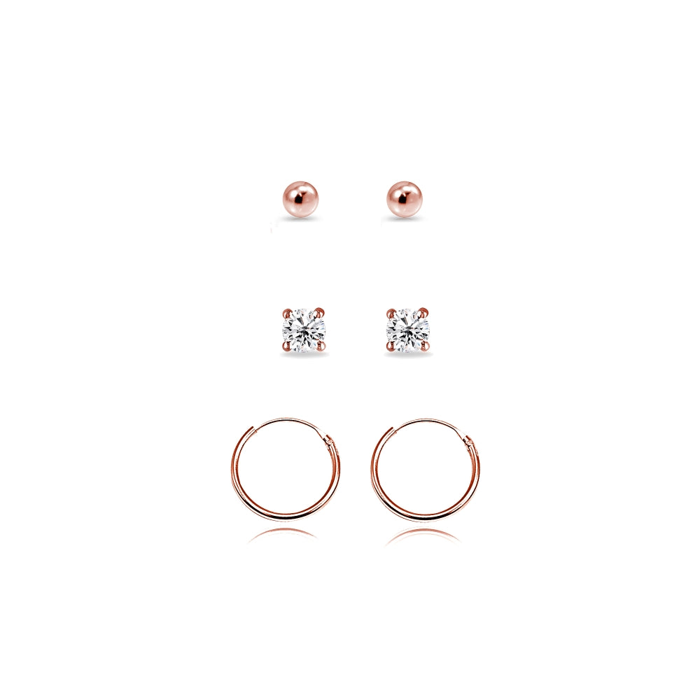 3 Pairs Rose Gold Flash Sterling Silver Lightweight Unisex 10mm Mini Small Continuous Endless Hoops, Tiny Round 2mm CZ & Ball Bead Stud Earrings Set-4