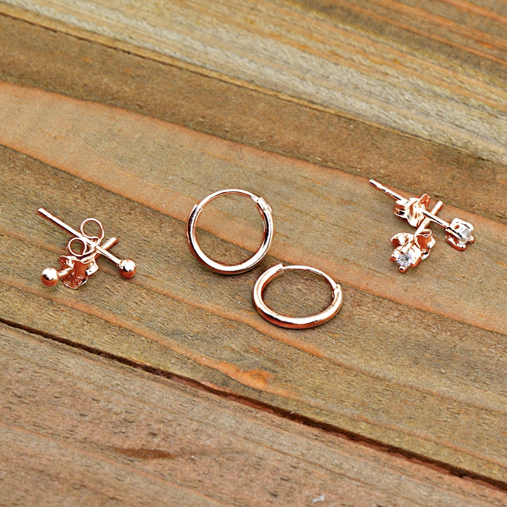 3 Pairs Rose Gold Flash Sterling Silver Lightweight Unisex 10mm Mini Small Continuous Endless Hoops, Tiny Round 2mm CZ & Ball Bead Stud Earrings Set-6