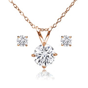 Rose Gold Flash Sterling Silver AAA Cubic Zirconia Round Solitaire Necklace & Stud Earrings Set