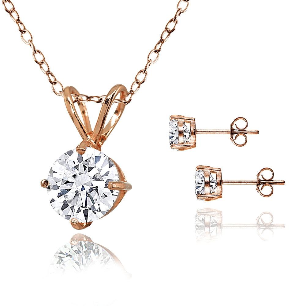 Rose Gold Flash Sterling Silver AAA Cubic Zirconia Round Solitaire Necklace & Stud Earrings Set-2