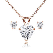 Rose Gold Flash Sterling Silver AAA Cubic Zirconia Heart Solitaire Necklace & Stud Earrings Set