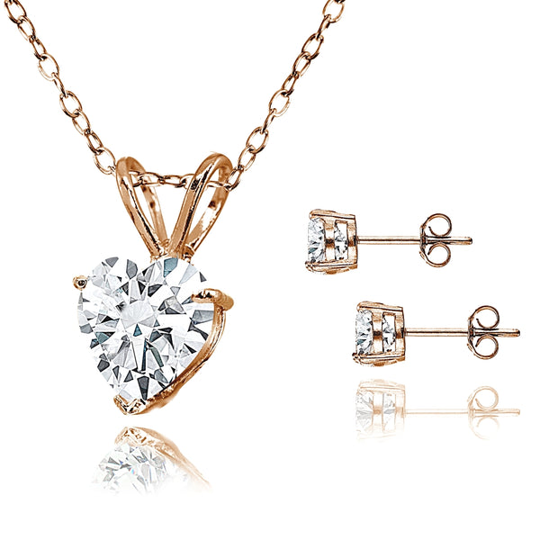 Rose Gold Flash Sterling Silver AAA Cubic Zirconia Heart Solitaire Necklace & Stud Earrings Set