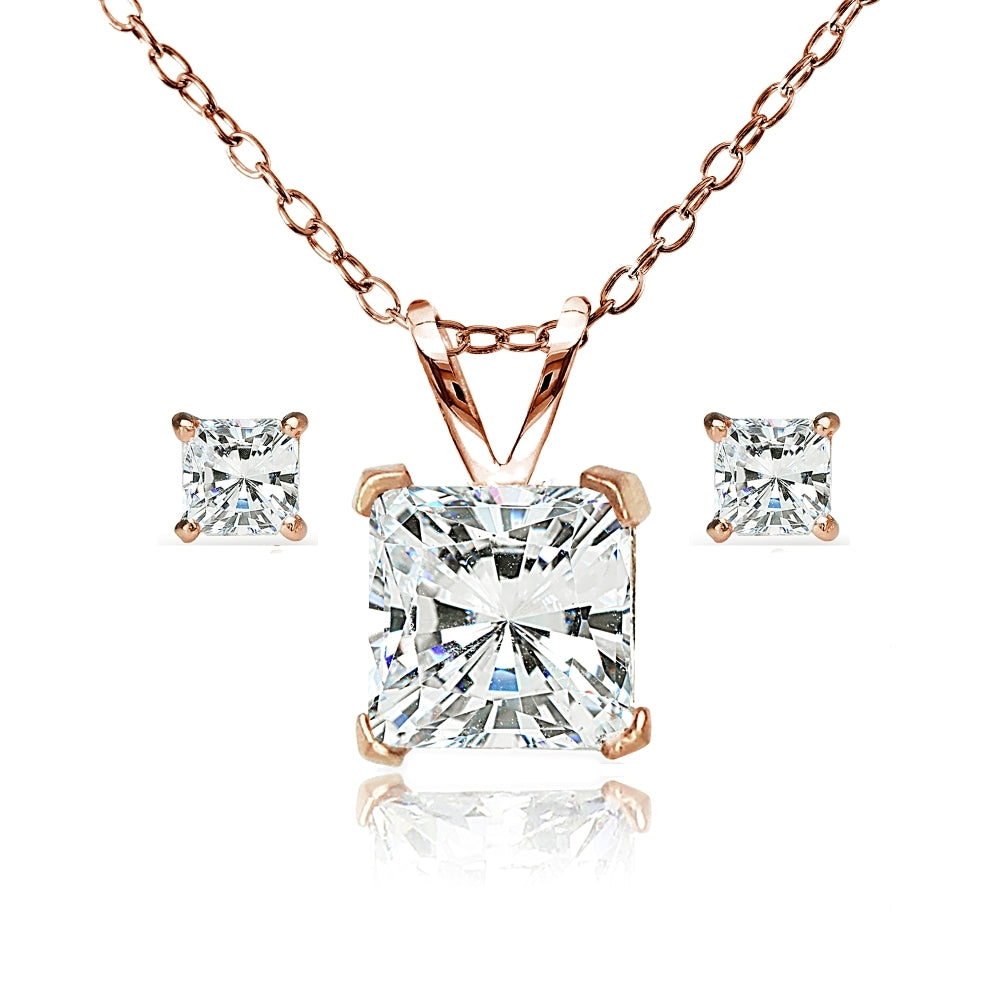 Rose Gold Flash Sterling Silver AAA Cubic Zirconia Princess-cut Solitaire Necklace & Stud Earrings Set