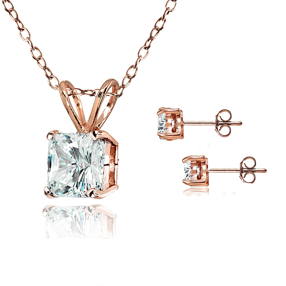 Rose Gold Flash Sterling Silver AAA Cubic Zirconia Princess-cut Solitaire Necklace & Stud Earrings Set-2