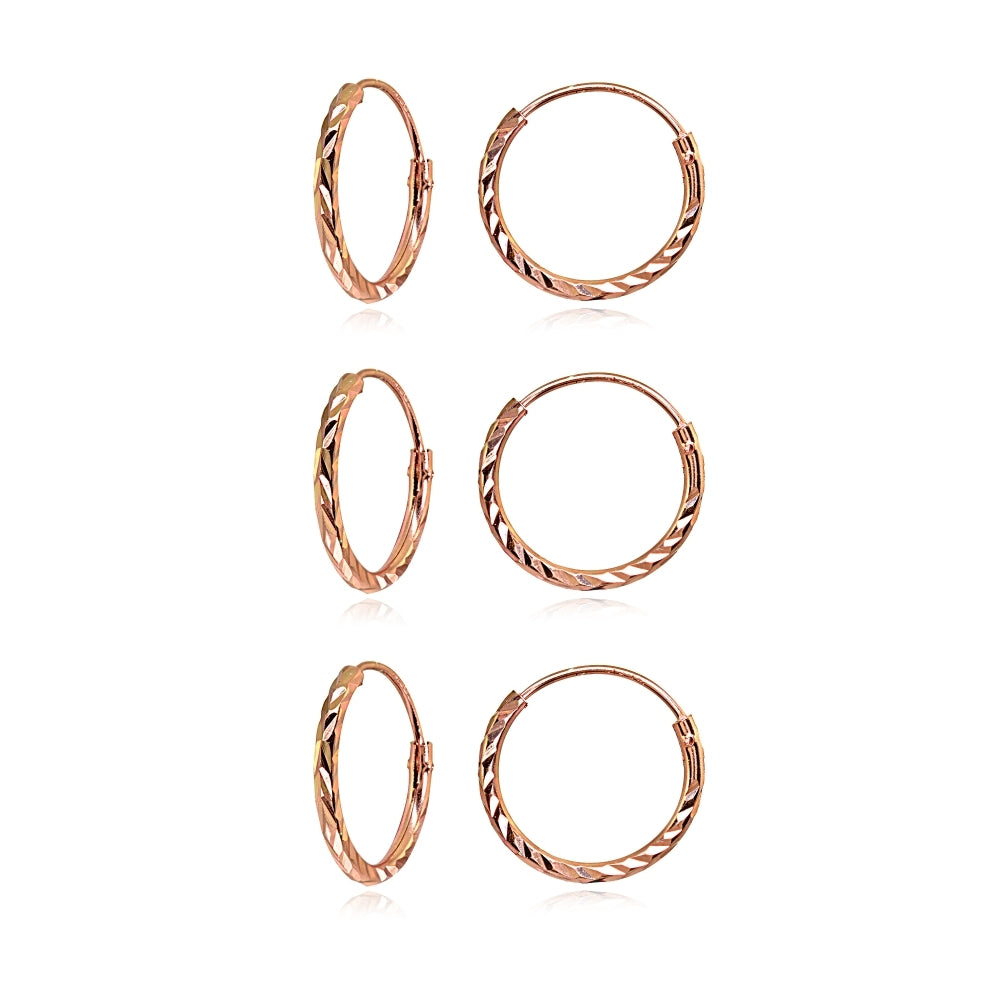 3 Pair Set Rose Gold Flash Sterling Silver Diamond-Cut Tiny Small Endless 12mm Thin Round Unisex Hoop Earrings