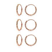 3 Pair Set Rose Gold Flash Sterling Silver Diamond-Cut Tiny Small Endless 12mm Thin Round Unisex Hoop Earrings