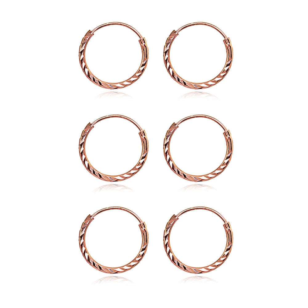 3 Pair Set Rose Gold Flash Sterling Silver Diamond-Cut Tiny Small Endless 12mm Thin Round Unisex Hoop Earrings-2