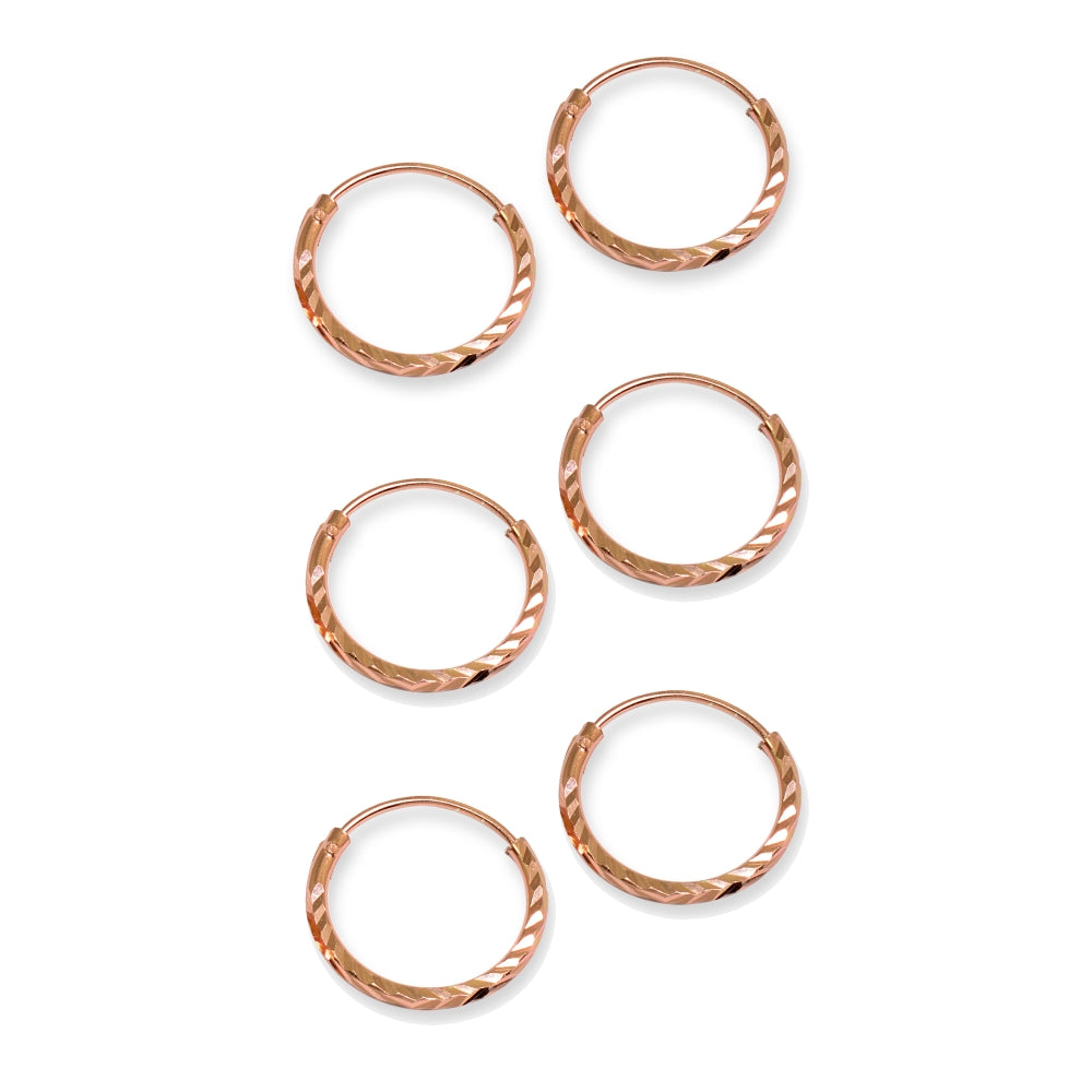 3 Pair Set Rose Gold Flash Sterling Silver Diamond-Cut Tiny Small Endless 12mm Thin Round Unisex Hoop Earrings-3