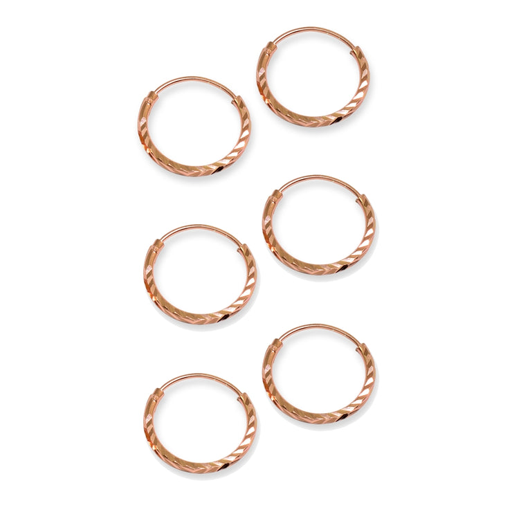 3 Pair Set Rose Gold Flash Sterling Silver Diamond-Cut Tiny Small Endless 12mm Thin Round Unisex Hoop Earrings